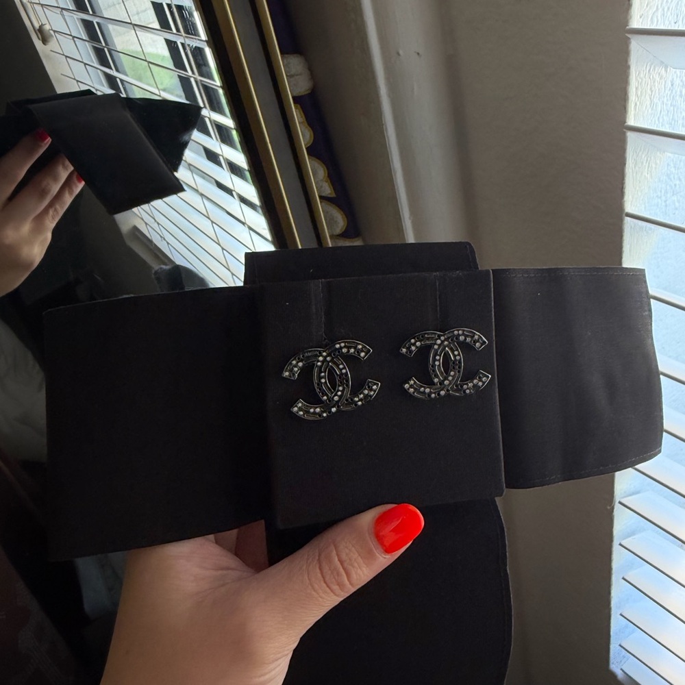 CHANEL Black Belt with Silver Logo Accents
